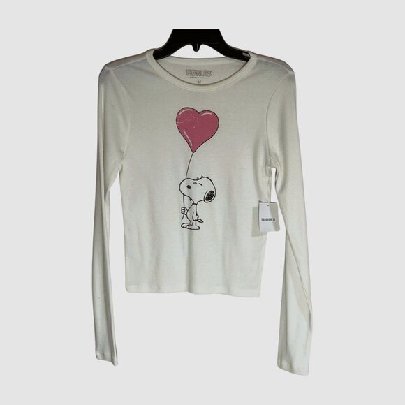 Peanuts White Ribbed Knit Tshirt Long Sleeve Snoopy Heart Balloon Cropped Medium - Picture 1 of 6